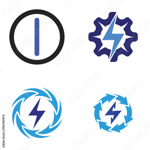 A collection of four distinct vector icons representing energy power and industrial electricity