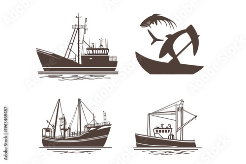 Four stylized illustrations of fishing boats and elements associated with fishing and marine life