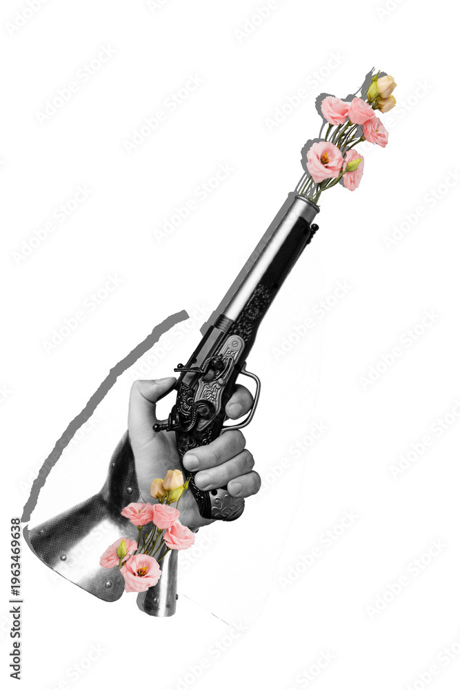 Obraz premium Art image vertical collage of hands hold gun killer weapon bloom eustoma wear steel armor gloves soldier romantic historic era