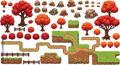 Pixel art game assets collection, autumn forest environment with red trees and orange bushes, 2D platformer level design elements with dirt paths and stone boulders vector isolated PNG with
