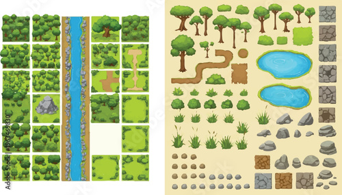Isometric forest game tiles and nature map elements vector set, green woodland landscape environment assets with trees, river, rocks and grass for level design and world building isolated PNG