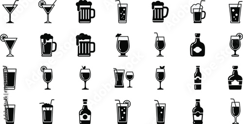 Comprehensive Drink Icons Set with Beer, Wine, Cocktails, Bottles, and Glasses for Bar, Restaurant, and Beverage Menu Illustrations.