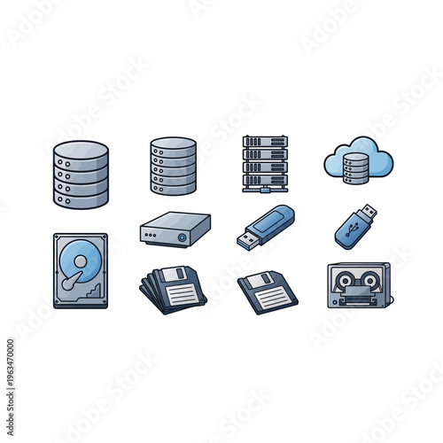 Pixel art data storage icons set: database, cloud, usb, disk, tape drives