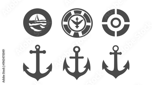 Six nautical and marine-themed graphic elements sailboats, life rings, and anchors, all in silhouette style