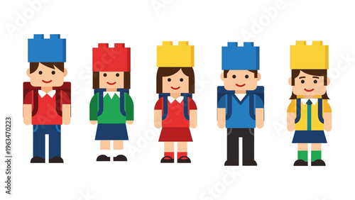 School Kid Illustration: A group of pixelated children stands, exuding the innocence and boundless potential of youth, a visual symphony of childhood wonder.