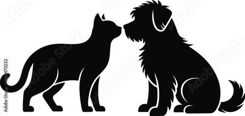 Dog and cat silhouettes facing each other, domestic pet interaction illustration, black animal vector design, companionship and friendship concept isolated on white background