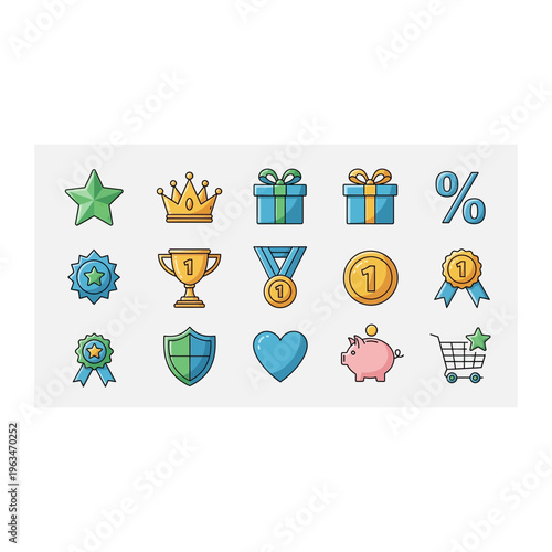 Reward and shopping icon set featuring medals, trophies, and gift boxes