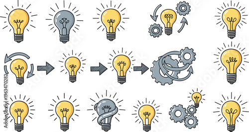 Creative Light Bulb Illustrations with Gears, Arrows, and Energy Flow for Innovation, Problem Solving, and Idea Development