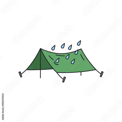Green tarp shelter with raindrops, waterproof outdoor protection