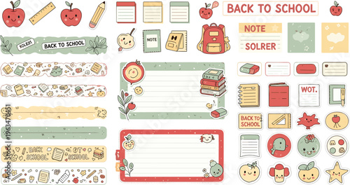 Cute Back to School Kawaii Stationery Set with Apples, Notes, Borders, Labels, and Stickers for Planner, Scrapbook, and Educational Design.