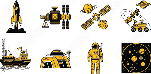 Retro space exploration vector icons set, vintage yellow and black rocket launch and astronaut illustrations, 8 galactic science mission symbols