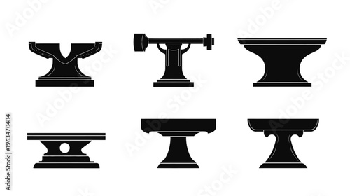 Silhouetted illustration of various anvil shapes and designs on a white background