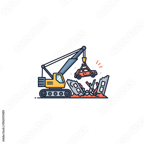 Heavy duty crawler crane lifting a car at a construction demolition site