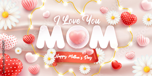 i love you mom happy mother day origami paper cut style with flower 3d shape heart mesh fill render style
