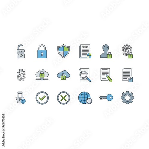 Cybersecurity and it management icon set with shield and network symbols