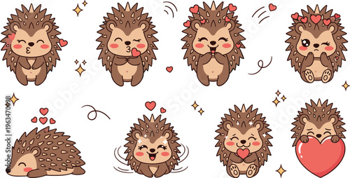 Cute Hedgehog Character Icon Set with Heartfelt Expressions, Love, Playful Poses, and Adorable Gestures.