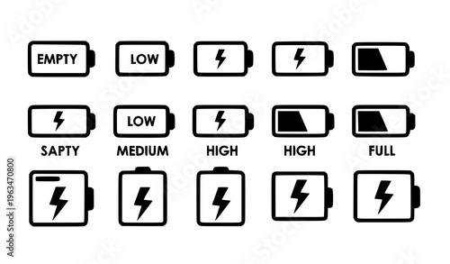 Battery charging indicator icon set with power level symbols for mobile app UI vector