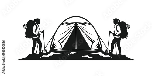 Two backpackers with trekking poles standing beside a camping tent in a silhouette illustration. Vector