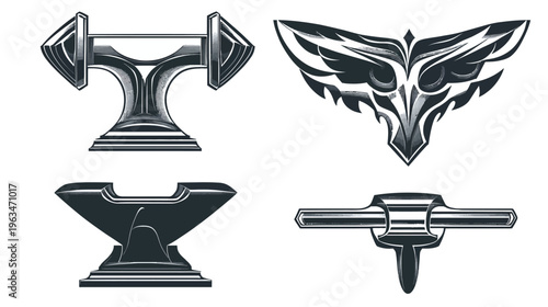 Four stylized, monochromatic illustrations of tools, possibly for blacksmithing, with a clean white background