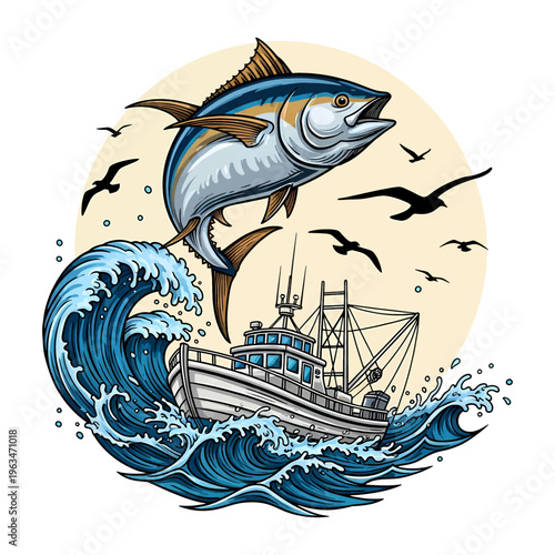 Yellowfin tuna jumping over fishing boat in ocean waves with sunset background vintage vector style