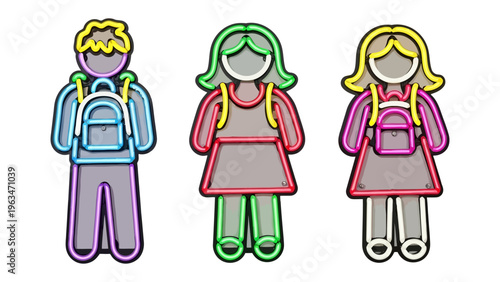 School Time Illustration: A set of stylized illustrations depicts a young boy and two young girls, all prepared for a day of learning, each with a backpack.