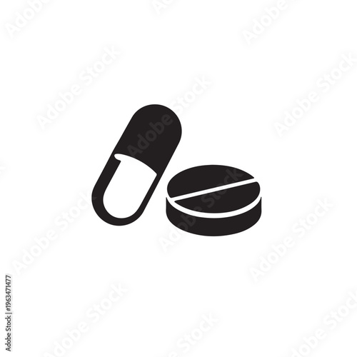 Black and white illustration of a capsule and a compressed tablet