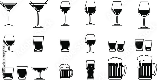 Hand-Drawn Drink Glasses Set with Wine, Cocktail, Beer Mugs, and Shot Glasses for Bar, Restaurant, and Beverage Illustrations.