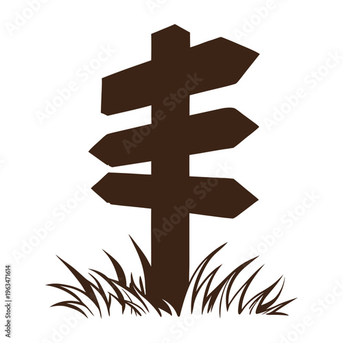 Brown Silhouette of Rustic Three Way Directional Signpost with Grass for Wayfinding and Nature Trail Design Assets