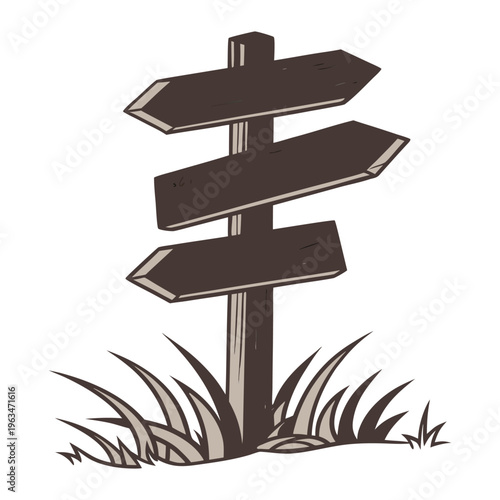 Rustic Three-Way Wooden Directional Signpost with Grass Illustration for Trail Wayfinding and Adventure Travel Design