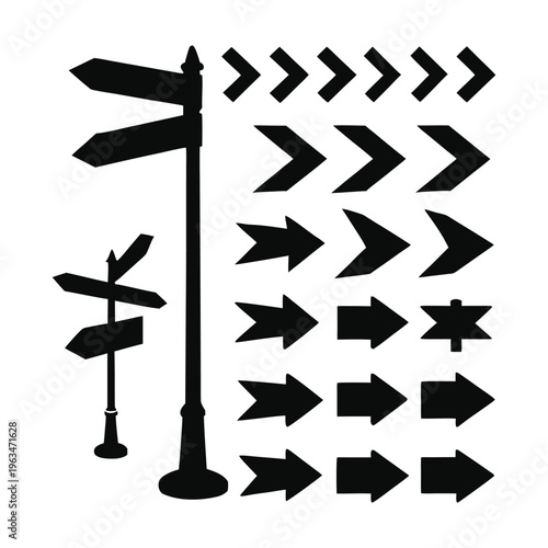 Set of Directional Signpost Silhouettes and Navigation Arrow Icons for Wayfinding Maps and Adventure Trail Design