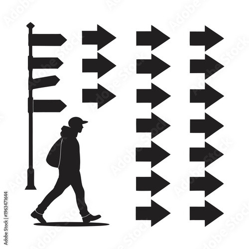 Walking Man Silhouette with Multi Way Directional Signpost and Navigation Arrow Icons for Journey Wayfinding and Choice Concept