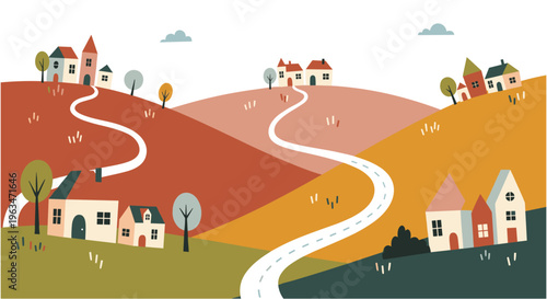 Whimsical countryside landscape with rolling hills and houses in warm sunny lighting for travel brochure