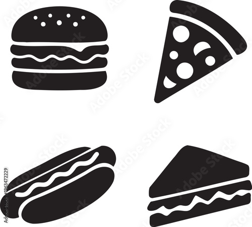Black of hamburger pizza hot dog and sandwich on white background