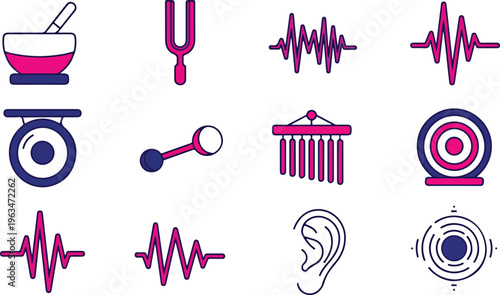 Sound healing therapy icon set, 12 meditation and frequency vector elements, pink and purple wellness symbols for holistic health and audio therapy