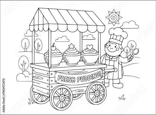 Chef coloring page featuring a happy man pushing a fresh pudding cart outside