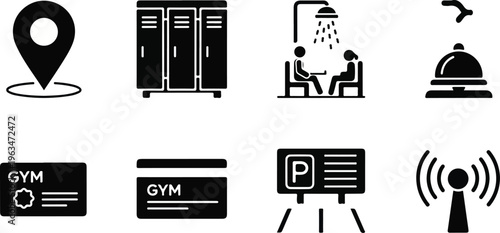 Modern hotel amenities and gym facilities icon set, 8 black solid vector symbols, hospitality services and fitness club membership graphics