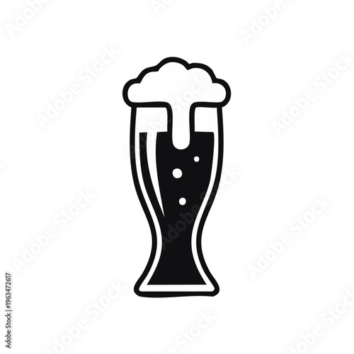 Illustration of a tall glass filled with dark beer and foamy head