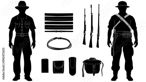 Silhouetted illustration of two uniformed figures with associated military gear and weaponry