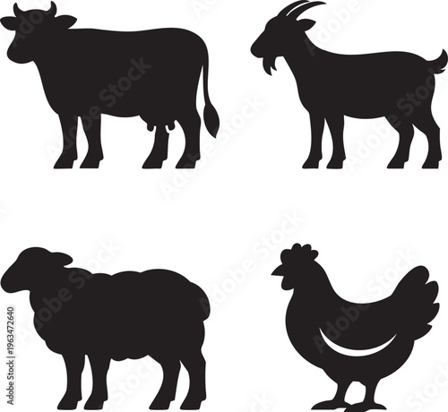 Black silhouettes of cow goat sheep and chicken on white background animal
