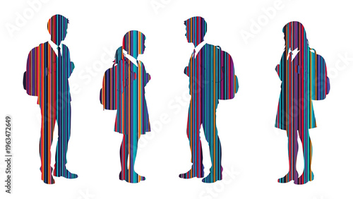 School Silhouette: A stylized depiction of schoolchildren standing together with backpack, capturing the essence of education and the unity of youth. 