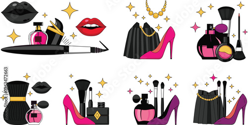 Fashion beauty accessories icons set with lipstick perfume high heels jewelry makeup tools and glamorous style elements collection