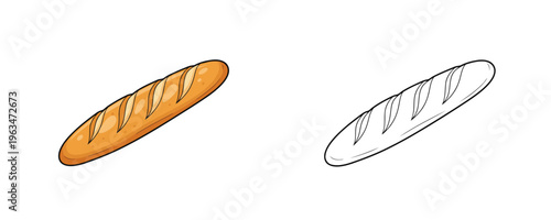Cartoon French baguette bread loaf in color and black line art styles showing fresh baked long pastry product for bakery design on white background