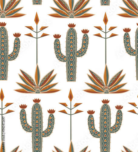 Doodle patterned cactus and blue agaves seamless background. Cacti with ornament vector illustration.