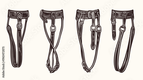 Four monochrome illustrations of equestrian equipment, including harnesses, for a vintage aesthetic