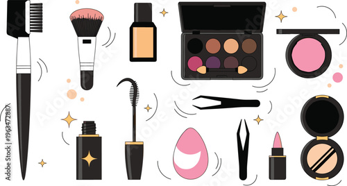Makeup cosmetics tools icons set with brushes mascara lipstick foundation eyeshadow palette and beauty products illustration collection
