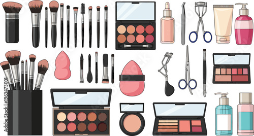 Makeup Kit Collection with Brushes, Cosmetics, Perfume Bottles, and Beauty Tools for Fashion and Personal Care Designs