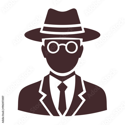 Stylized silhouette of a man wearing a fedora hat glasses and suit with tie