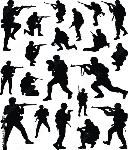 Military soldier silhouettes in combat poses with rifles isolated on white background, army troops vector illustration set for war, defense, and tactical design