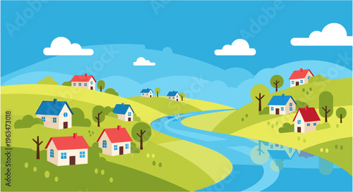 Quaint village landscape with rolling hills and serene river in bright sunny weather for travel brochure