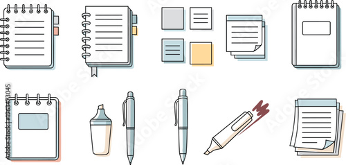 Minimalist Hand-Drawn Notebooks, Sticky Notes, Pens, and Office Supplies for Creative, Organizational, and Planning Illustrations